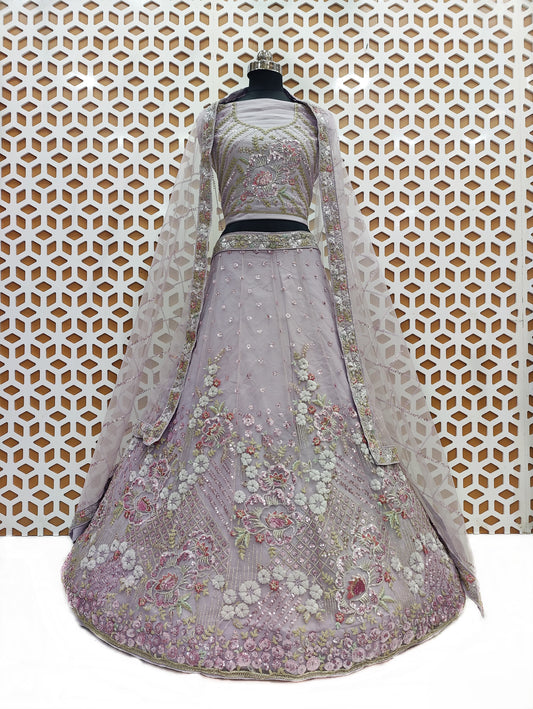 Baby Pink Flower Sequence Design Net Lehenga