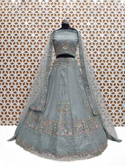 Orange Flower Design Sequence Work with Net Lehenga