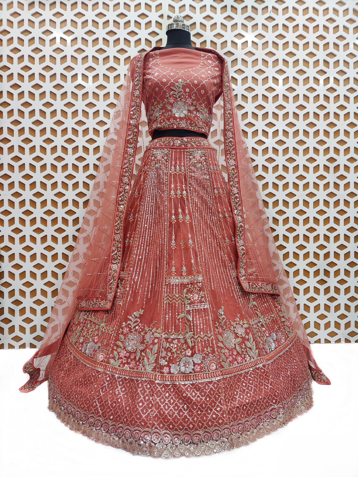 Orange Flower Design Sequence Work with Net Lehenga