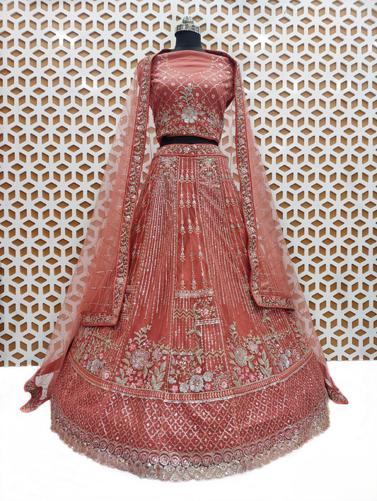 Orange Flower Design Sequence Work with Net Lehenga