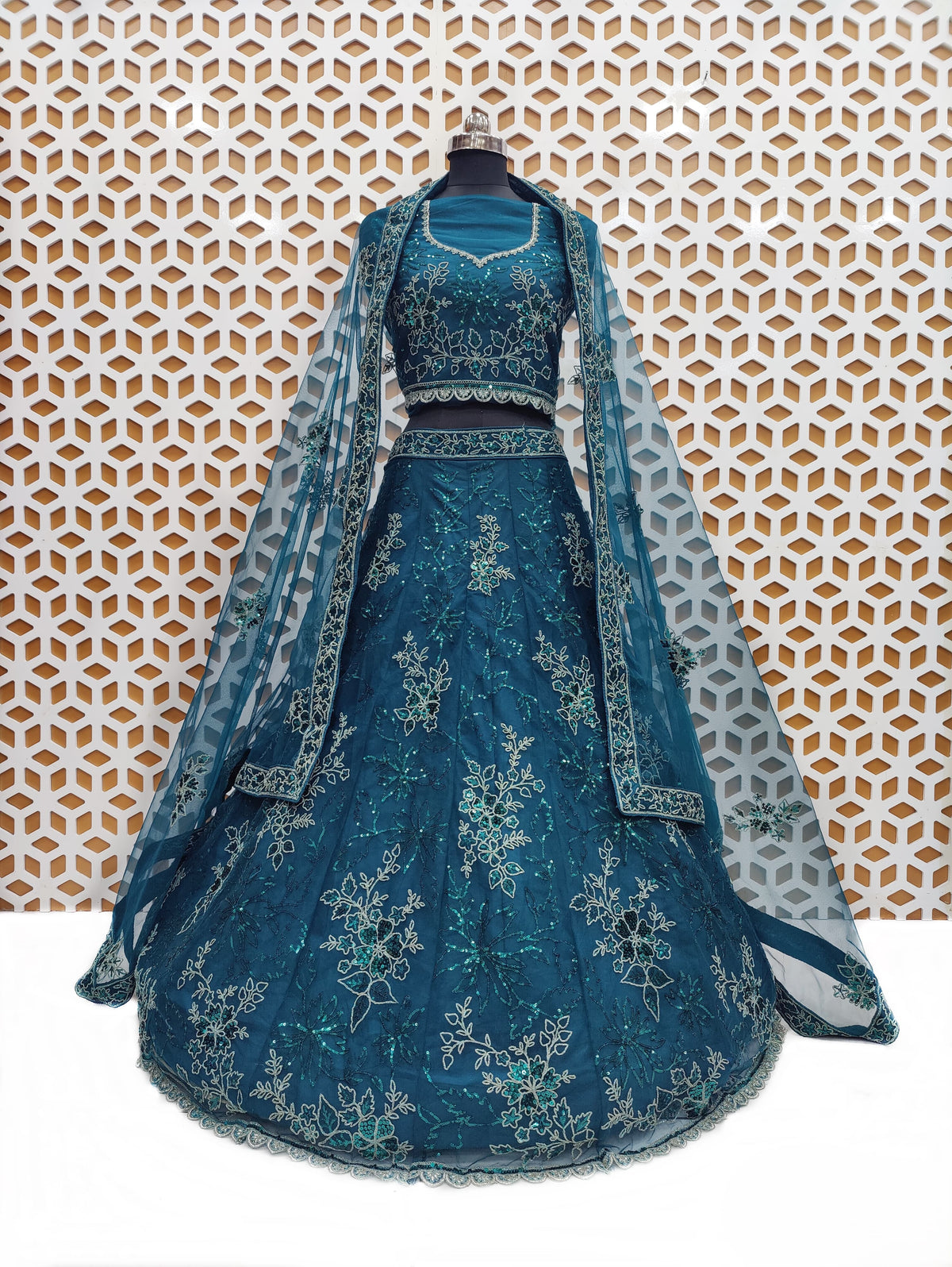 Royal Blue thread Sequence work Net lehenga