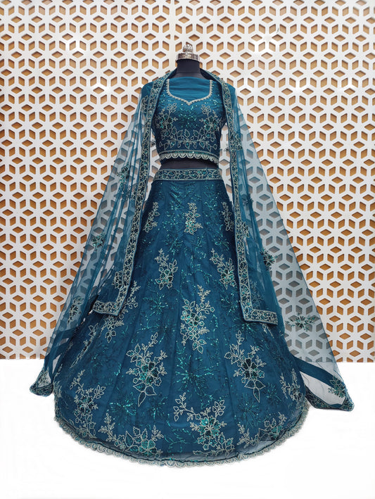 Royal Blue thread Sequence work Net lehenga