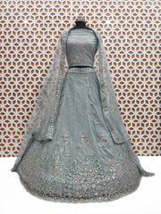 Glacier Cyan Floral Sequence Work Net Lehenga – Elegant Embroidered Wedding & Party Wear Lehenga Choli