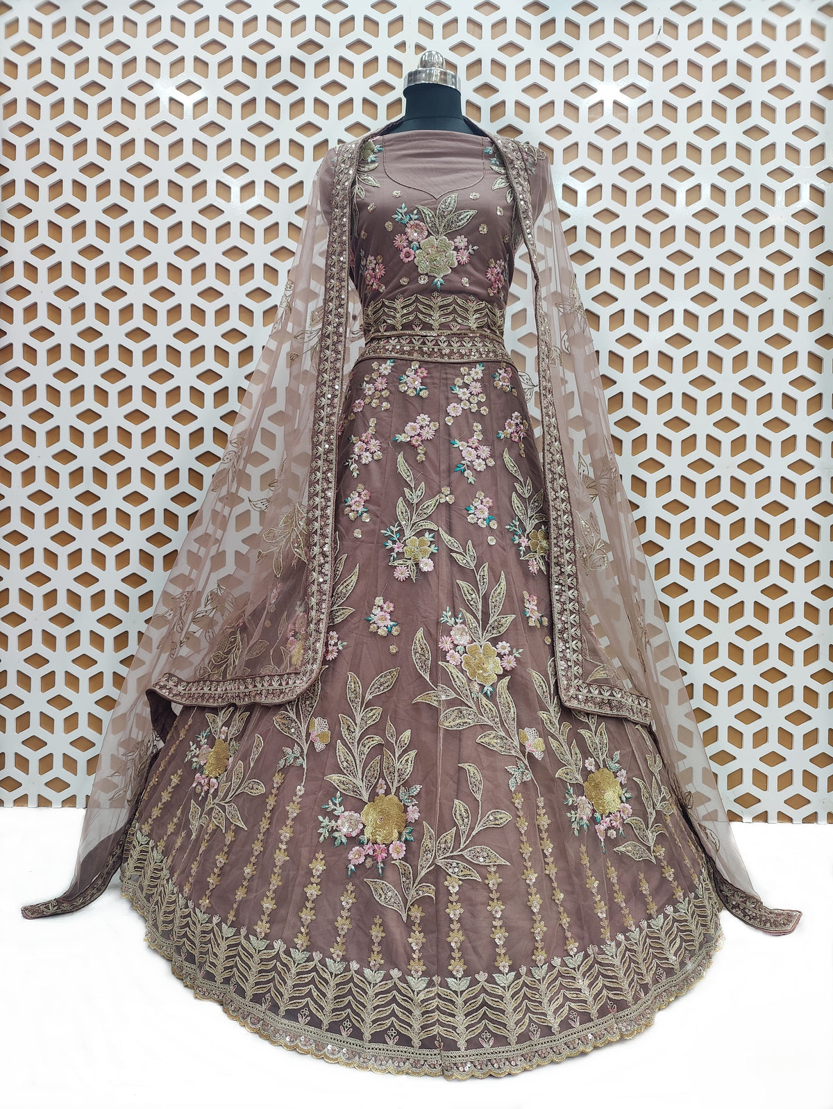 Mauve Pink Floral Embroidery Sequence Work Net Lehenga – Elegant Wedding & Party Wear Lehenga Choli