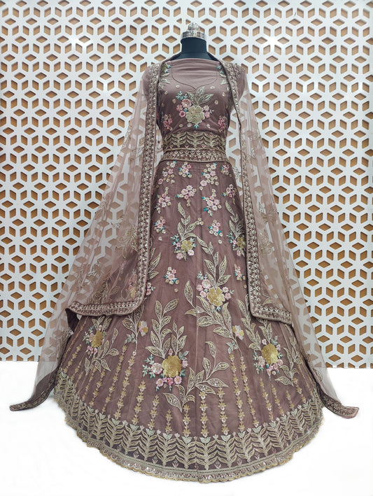 Mauve Pink Floral Embroidery Sequence Work Net Lehenga – Elegant Wedding & Party Wear Lehenga Choli