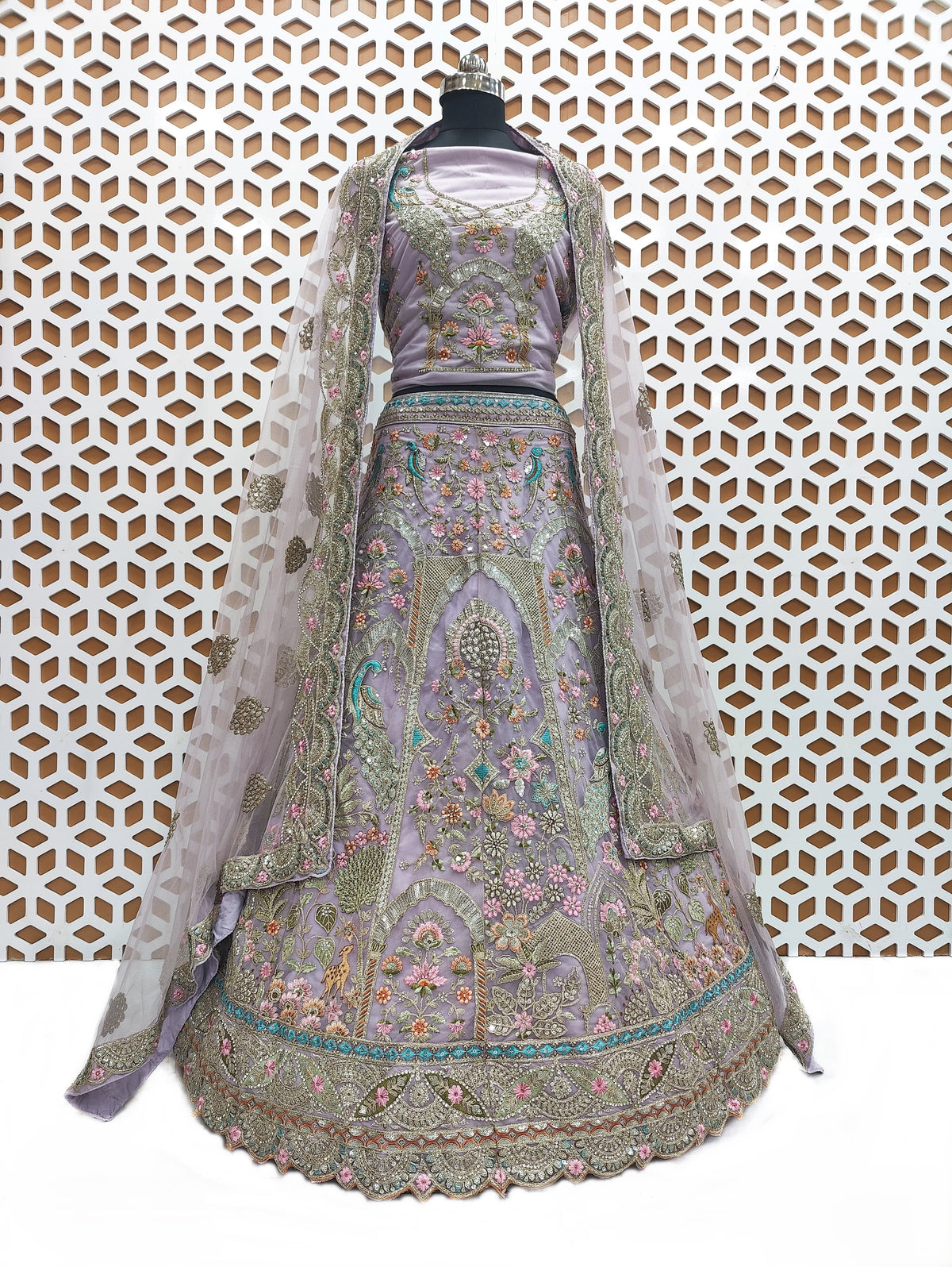 Purple Net Lehenga Choli with Embroidery Work - Traditional Bridal or Festive Wear