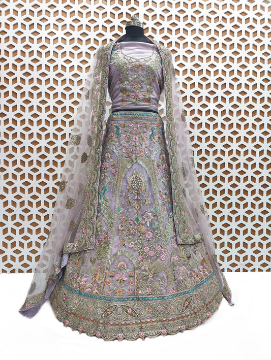 Purple Net Lehenga Choli with Embroidery Work - Traditional Bridal or Festive Wear