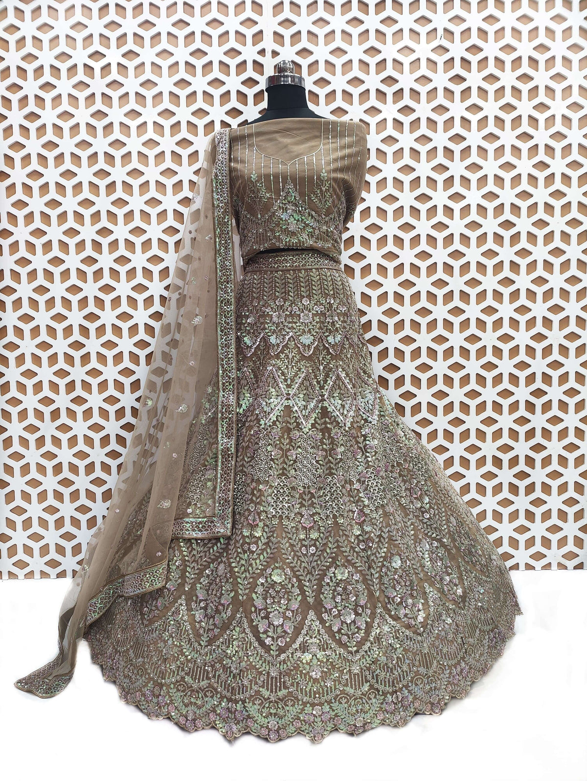 Chiku Abstract Print Lehenga with Mirror work