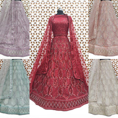 Cherry Red Leaf Print Net Lehenga with Sequence Work