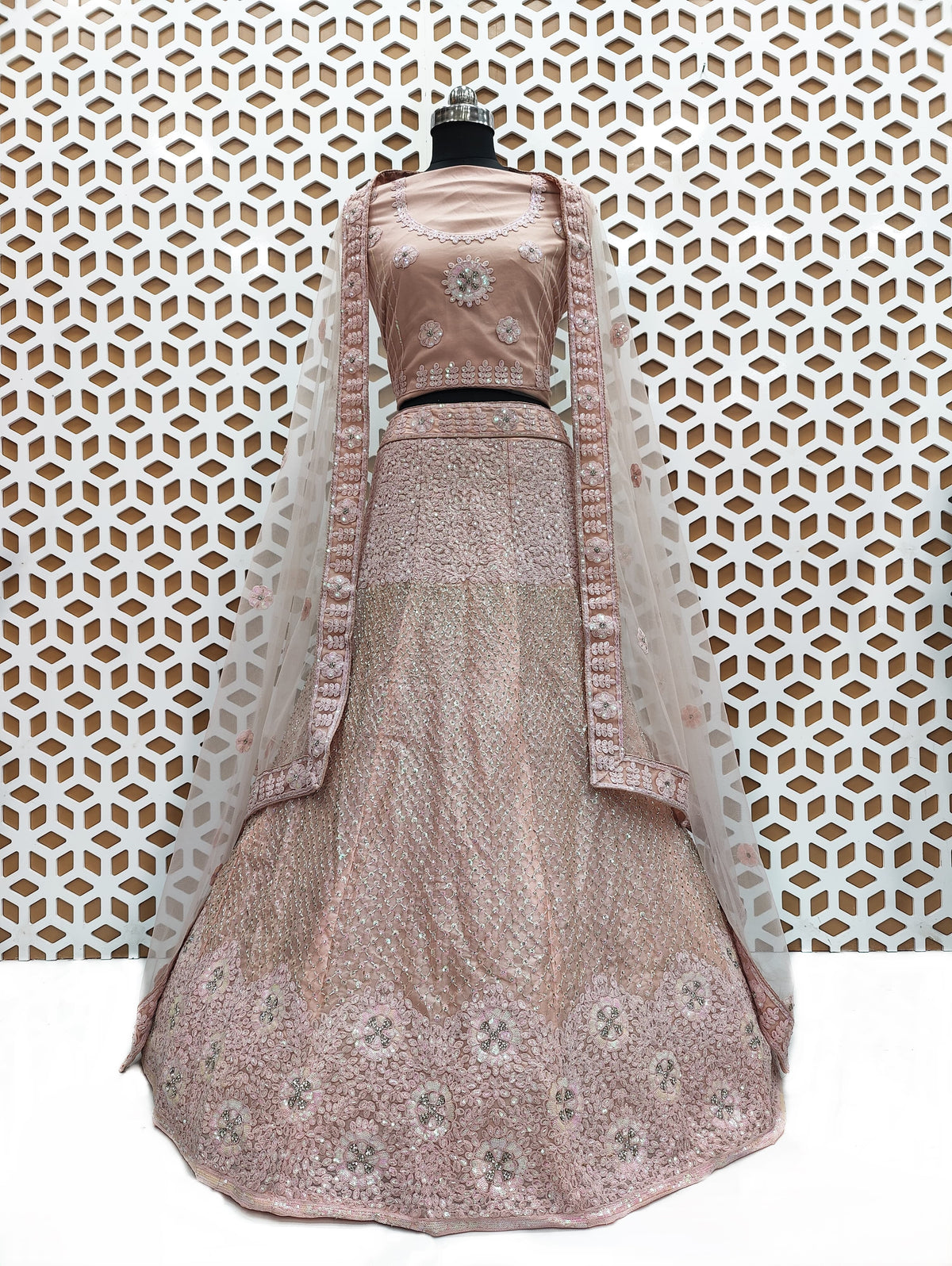 Malibu Peach Jimmi Choo Net embroidery Lehenga