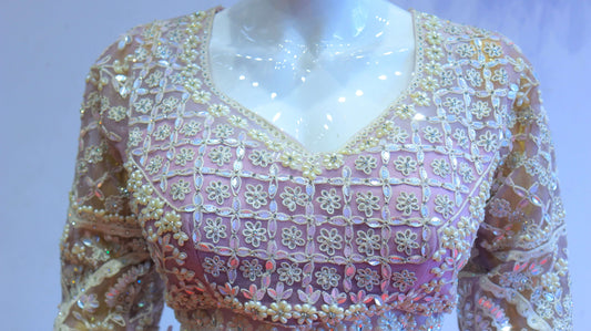 Beige Net Lehenga with Moti Work