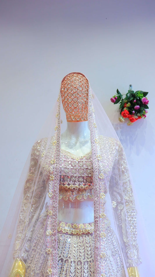 Beige Net Lehenga with Moti Work