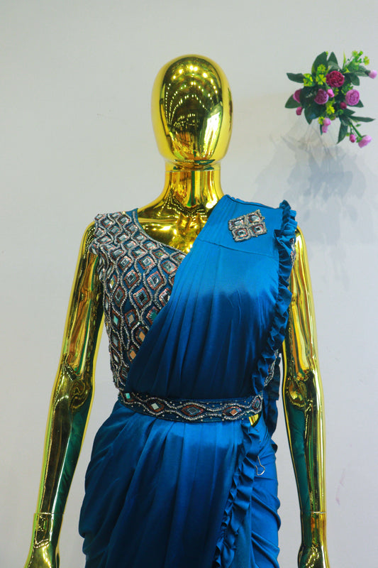 Blue Silk Ready To Wear Saree With Mirror Work Blouse