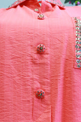 Peach Slub Cotton Cord-Set With Embroidery Work