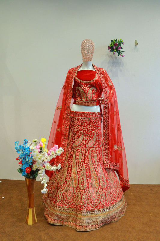 Cherry Red Velvet Bridal Lehenga With Embroidery Work