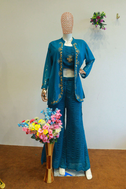 Blue Shrug Georgette Viscos Cord-Set With Hand Work