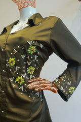 Mehendi Green Satin Silk Cord-Set With Moti Hand Work