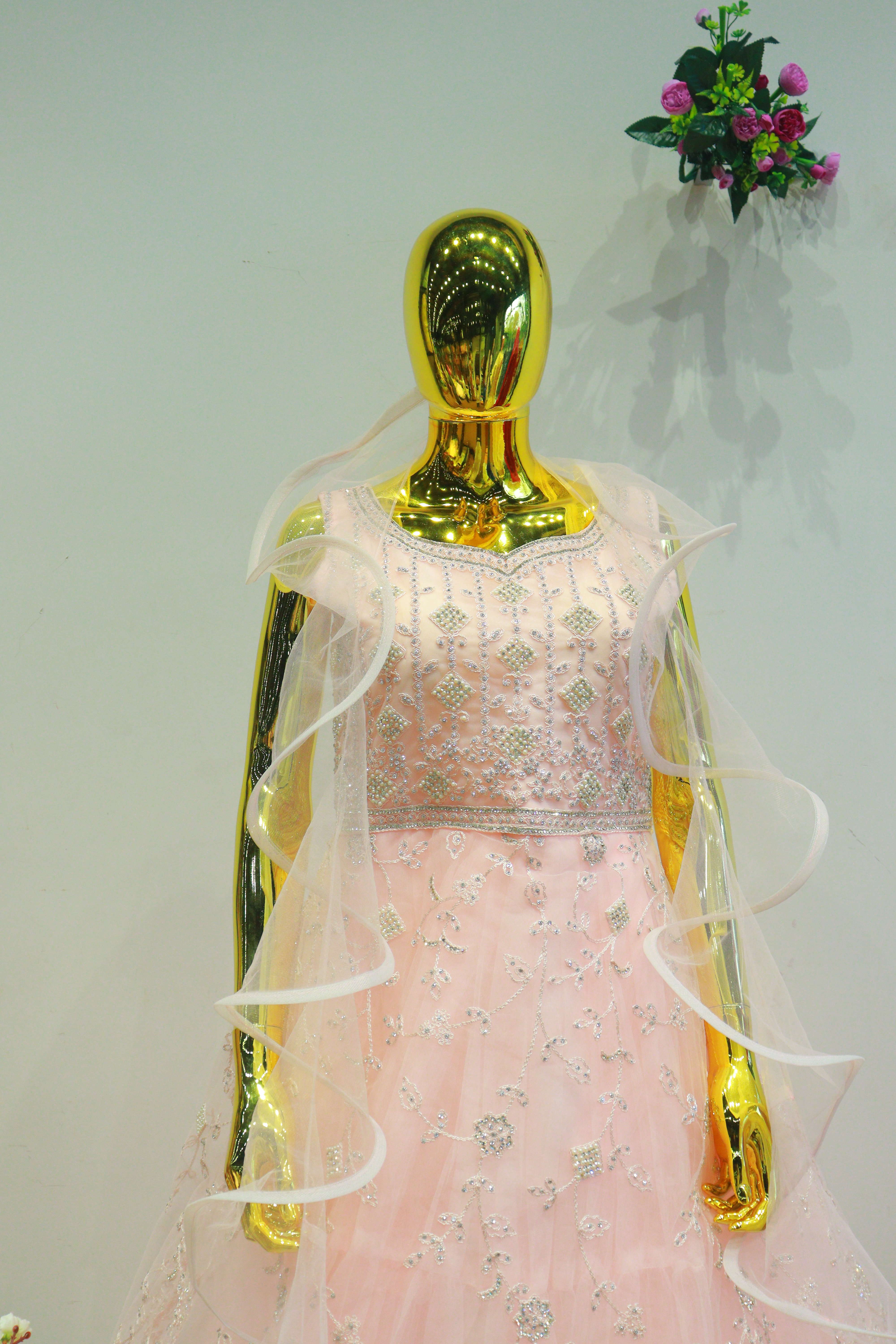 Baby Pink Net Gown With Embroidery Moti Work