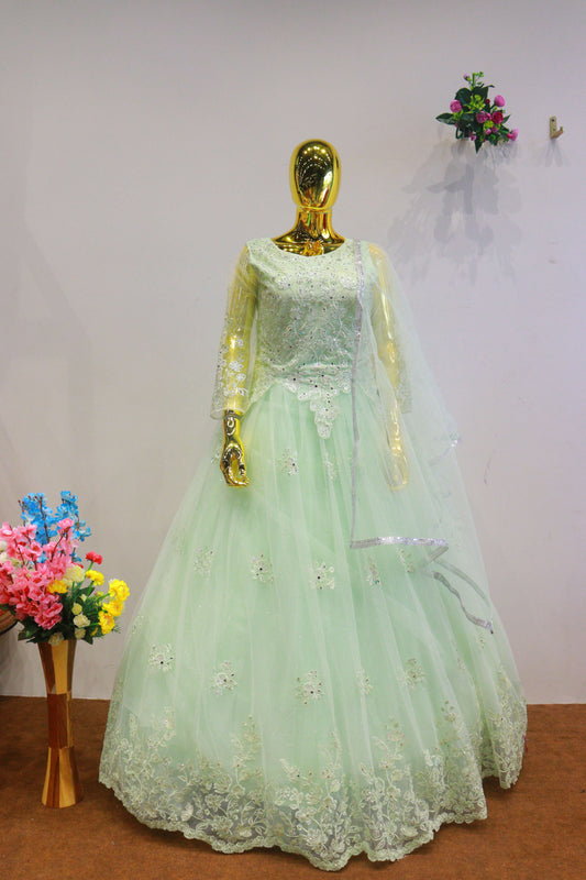 Green Net Gown With Embroidery Work