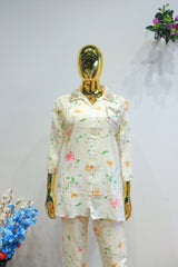White Cotton Hand Work Cord-Set With Digital Print