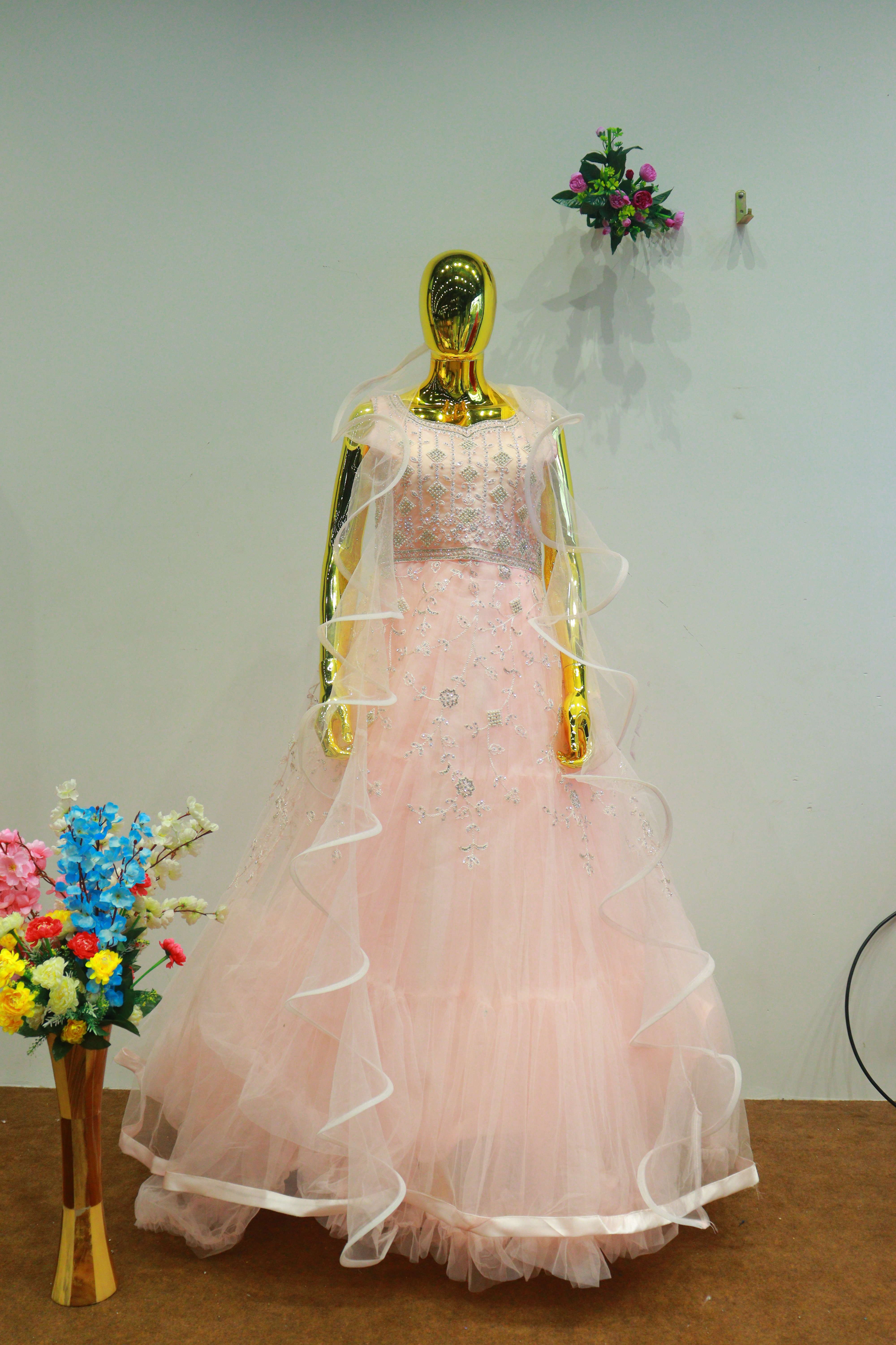 Baby Pink Net Gown With Embroidery Moti Work