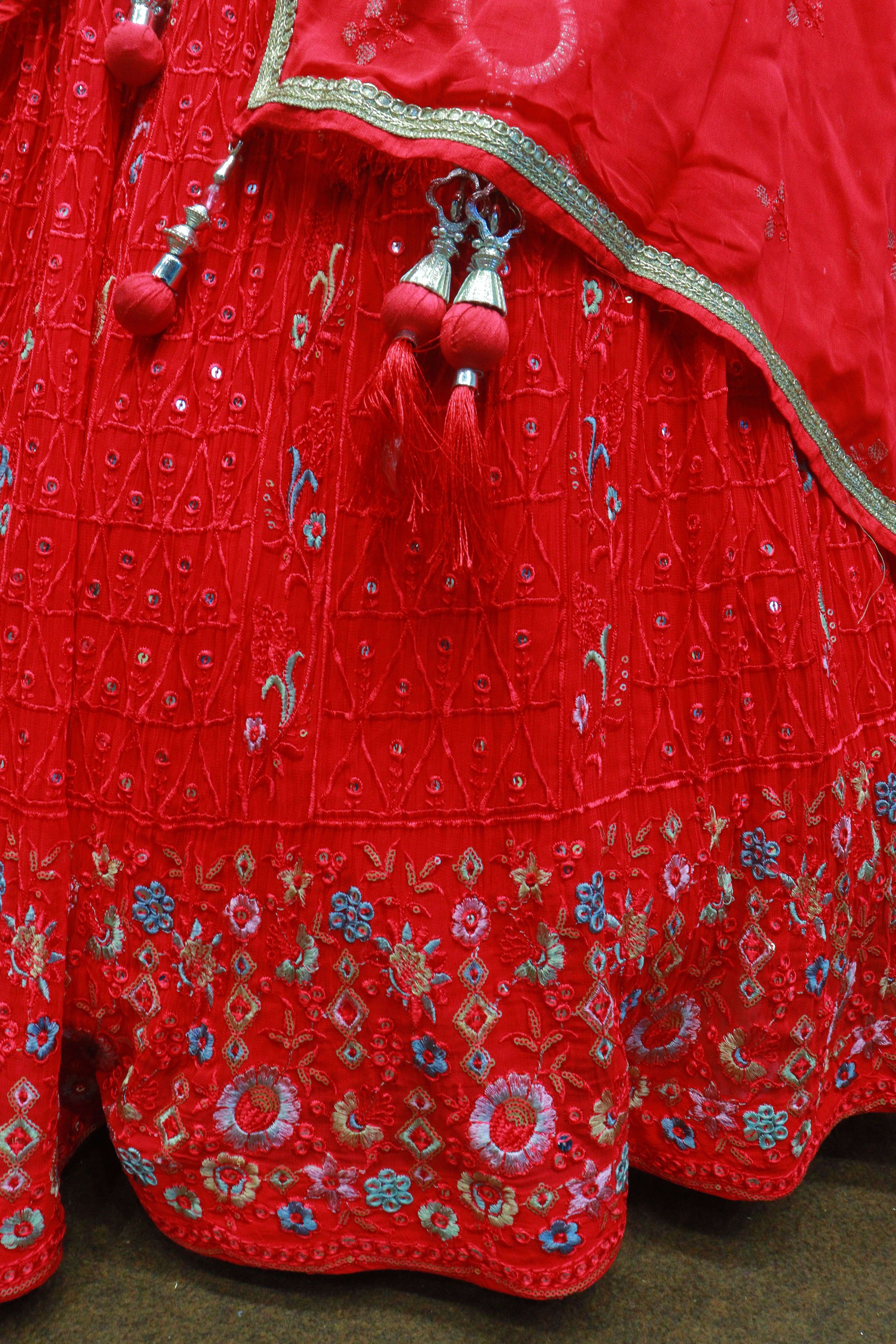 Cherry Red Crush Georgette Crop-Top With Hand Work Blouse
