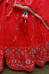 Cherry Red Crush Georgette Crop-Top With Hand Work Blouse
