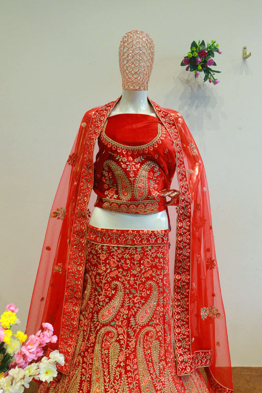 Cherry Red Velvet Bridal Lehenga With Embroidery Work