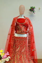 Cherry Red Velvet Bridal Lehenga With Embroidery Work