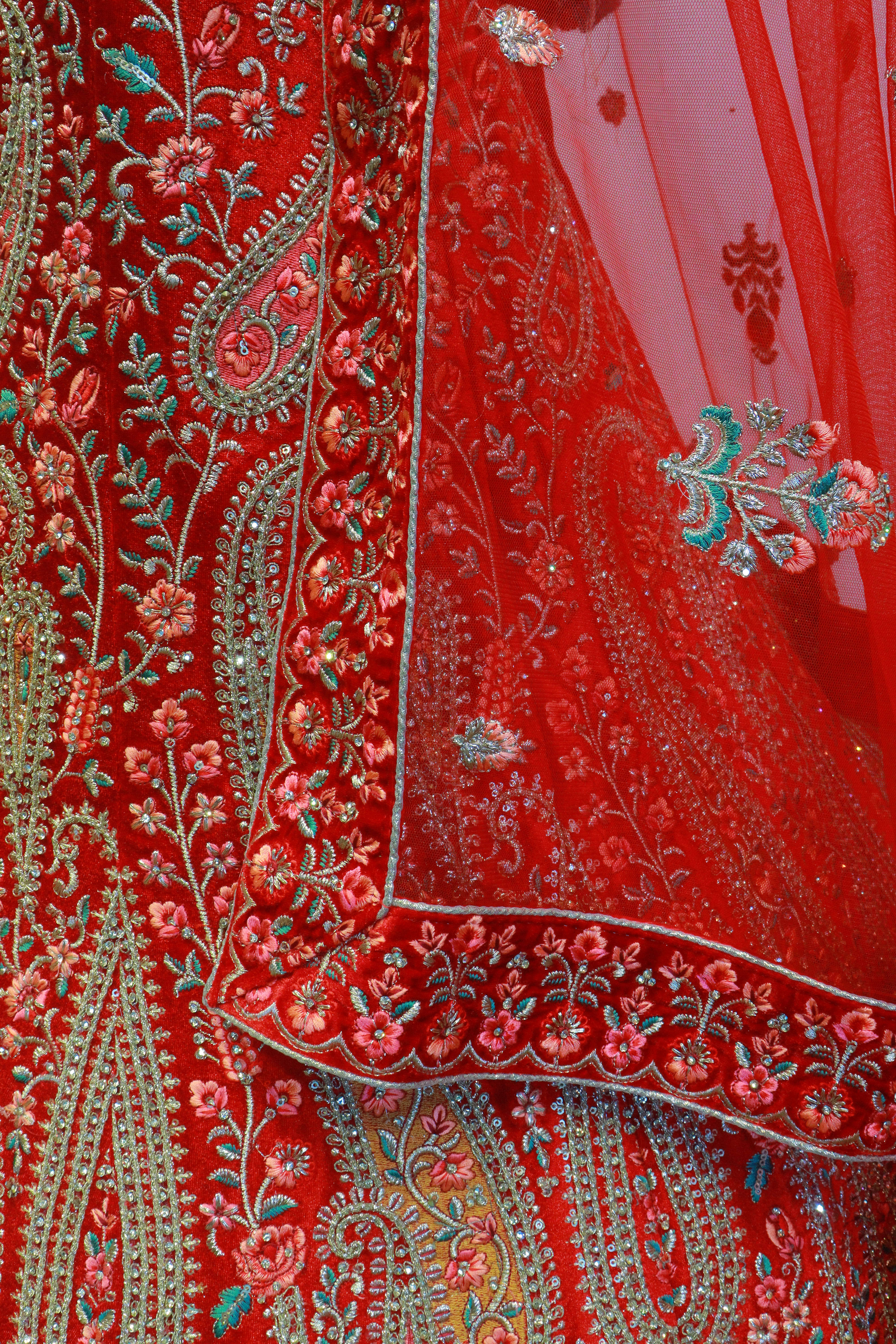 Cherry Red Velvet Bridal Lehenga With Embroidery Work
