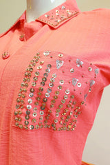 Peach Slub Cotton Cord-Set With Embroidery Work