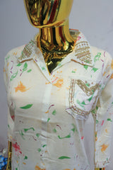 White Cotton Hand Work Cord-Set With Digital Print