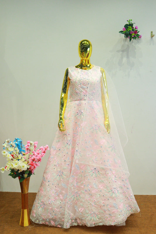 Baby Pink Net Gown With Embroidery Work