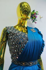 Blue Silk Ready To Wear Saree With Mirror Work Blouse