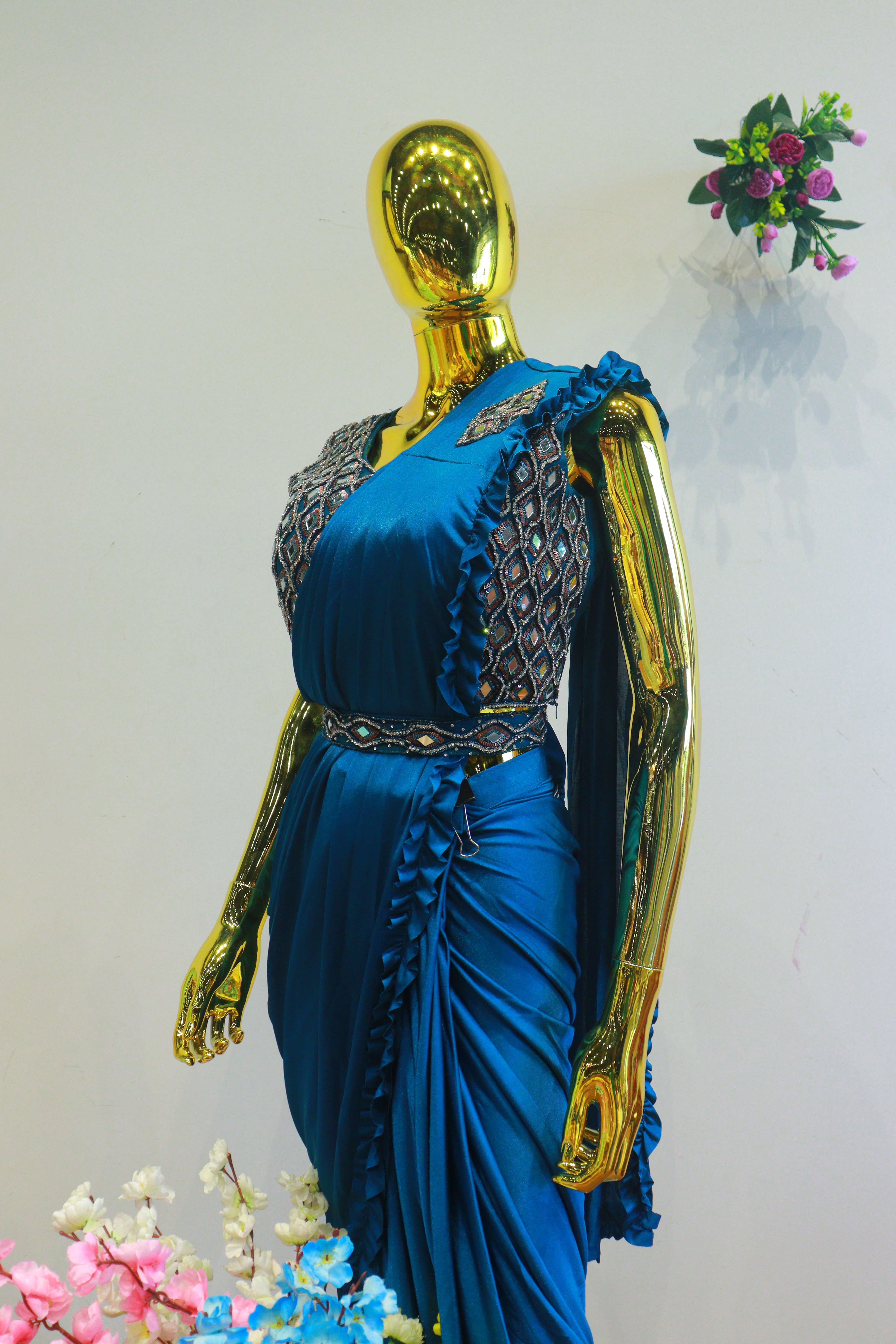 Blue Silk Ready To Wear Saree With Mirror Work Blouse