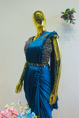 Blue Silk Ready To Wear Saree With Mirror Work Blouse
