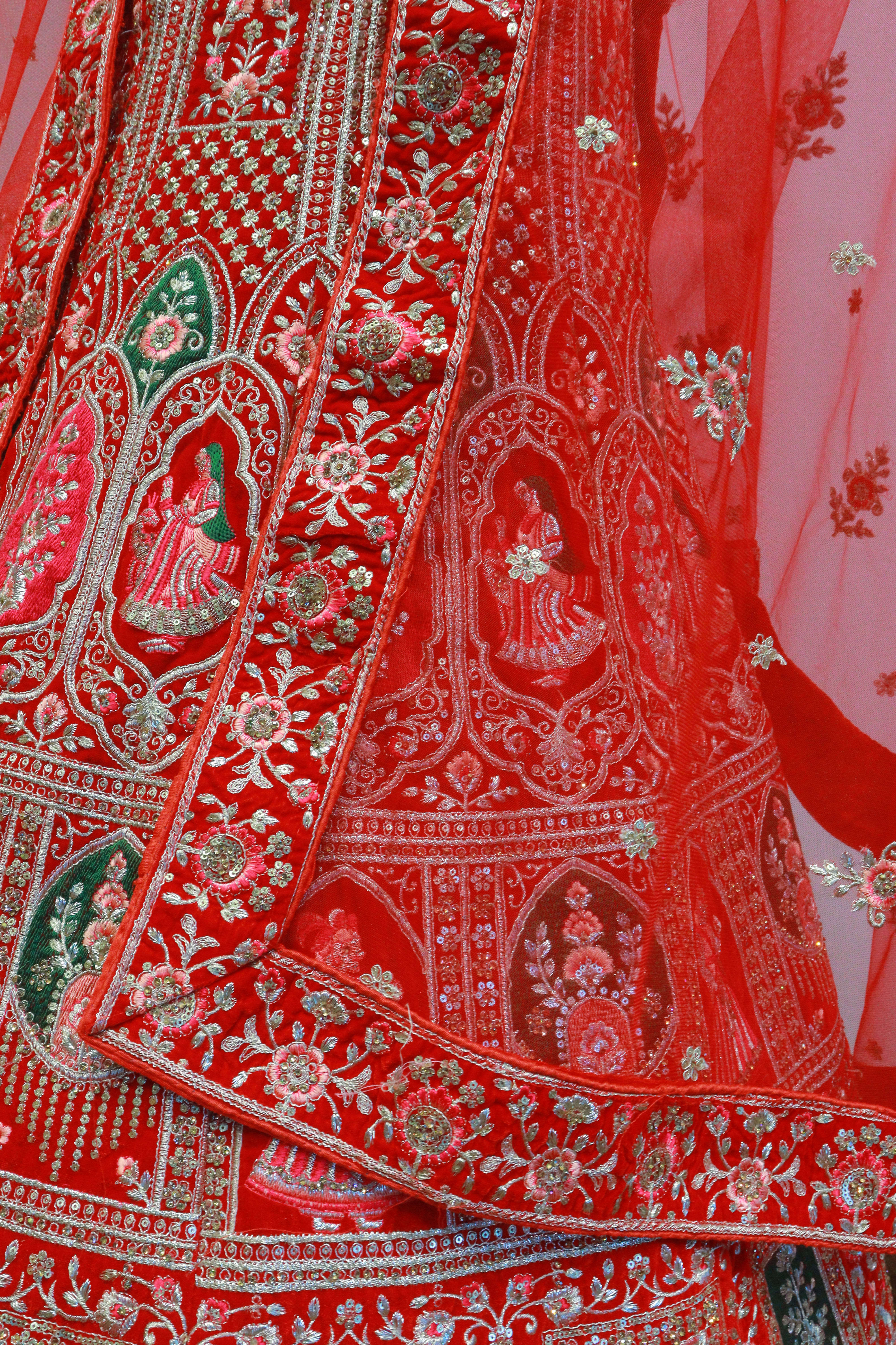 Red Velvet Rajwadi Bridal Lehenga With Embroidery Work