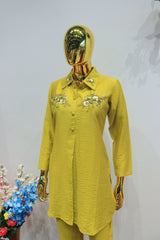 Yellow Vichitra Silk Cord-Set With Hand Work