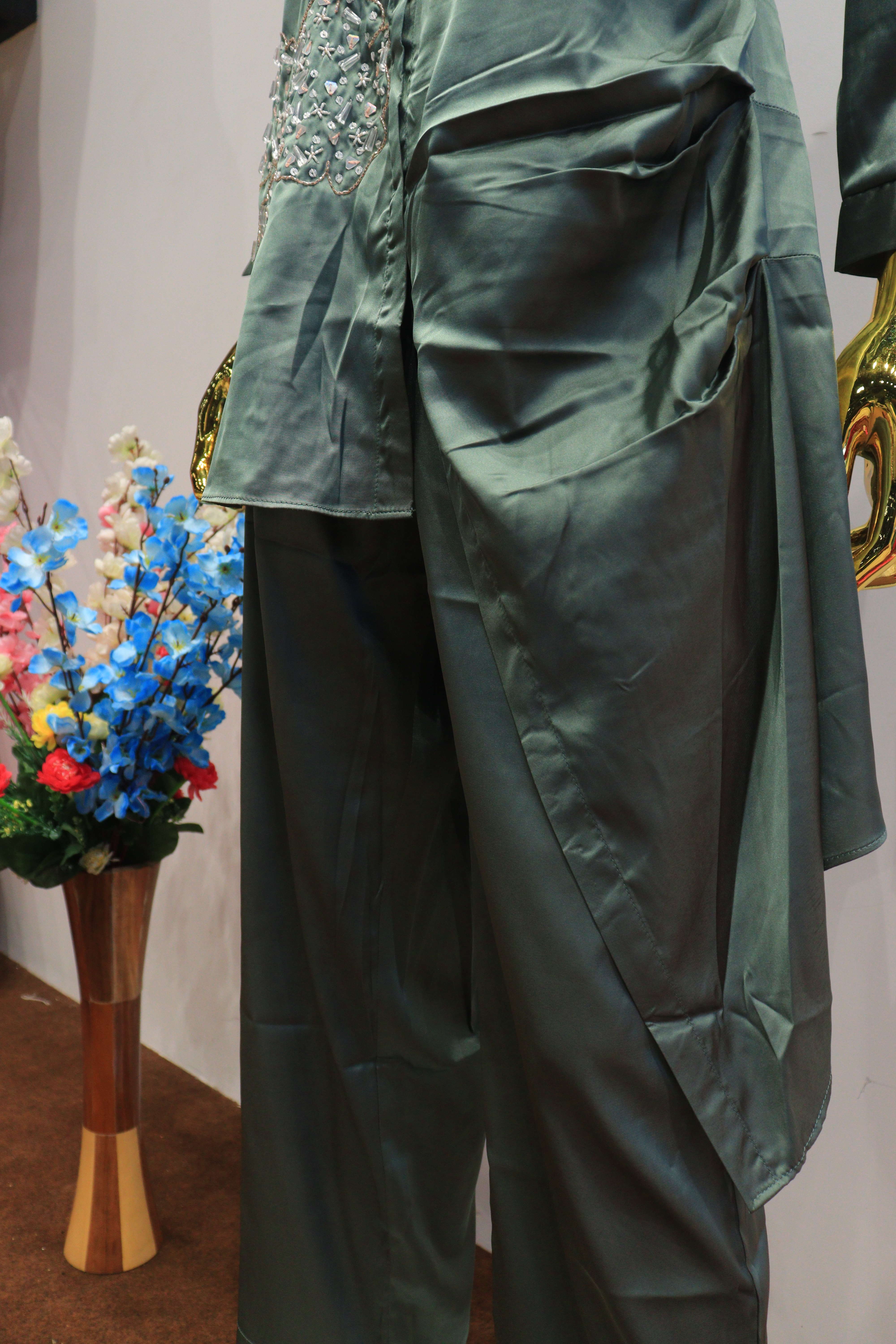 Green Silk Cord-Set With Hand Work