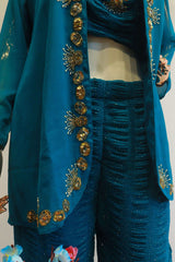 Blue Shrug Georgette Viscos Cord-Set With Hand Work