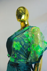 Green Silk Ready To Wear Saree With Net Embroidery Blouse