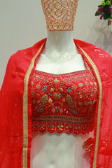 Cherry Red Crush Georgette Crop-Top With Hand Work Blouse