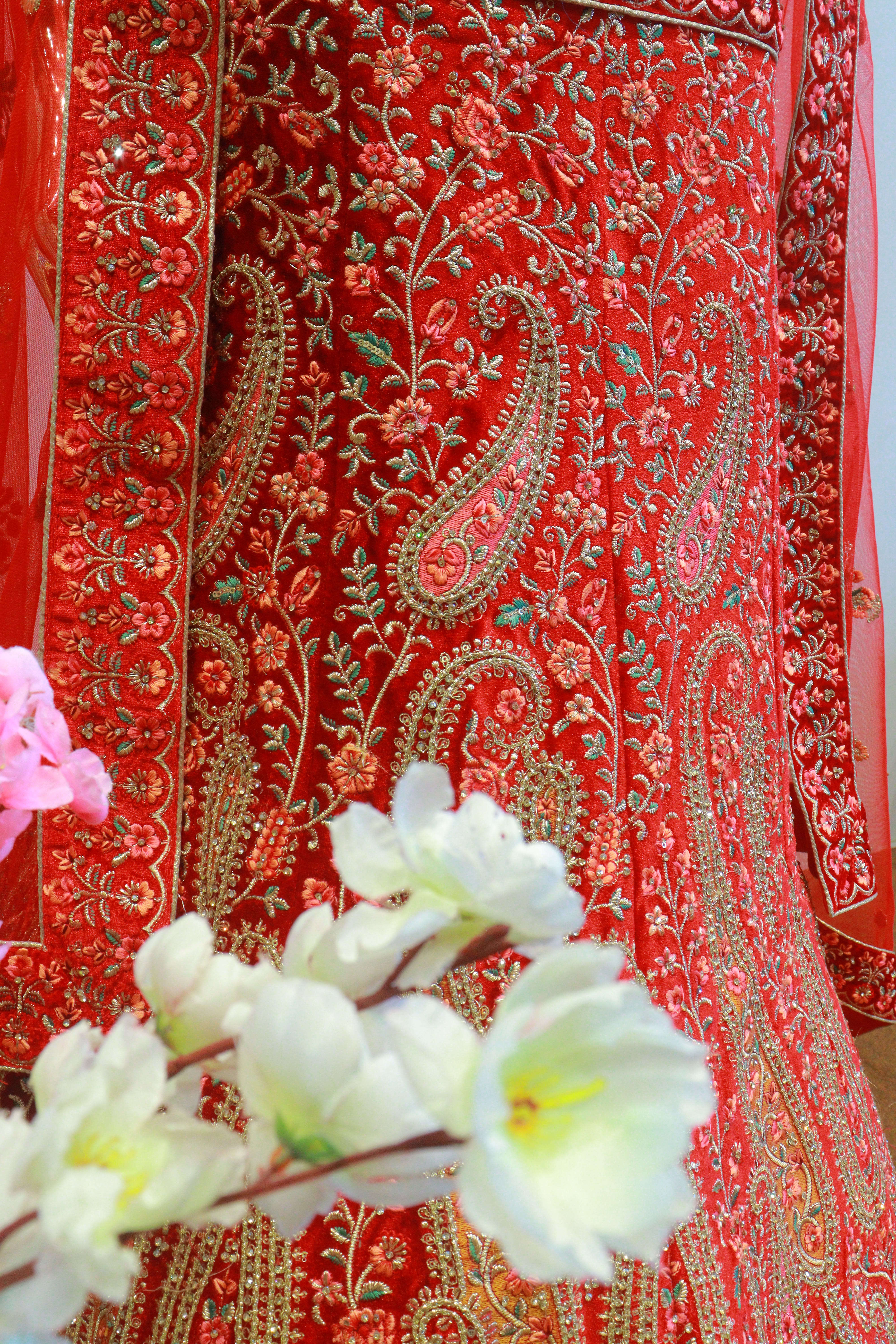 Cherry Red Velvet Bridal Lehenga With Embroidery Work