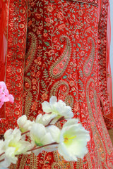 Cherry Red Velvet Bridal Lehenga With Embroidery Work
