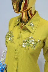 Yellow Vichitra Silk Cord-Set With Hand Work