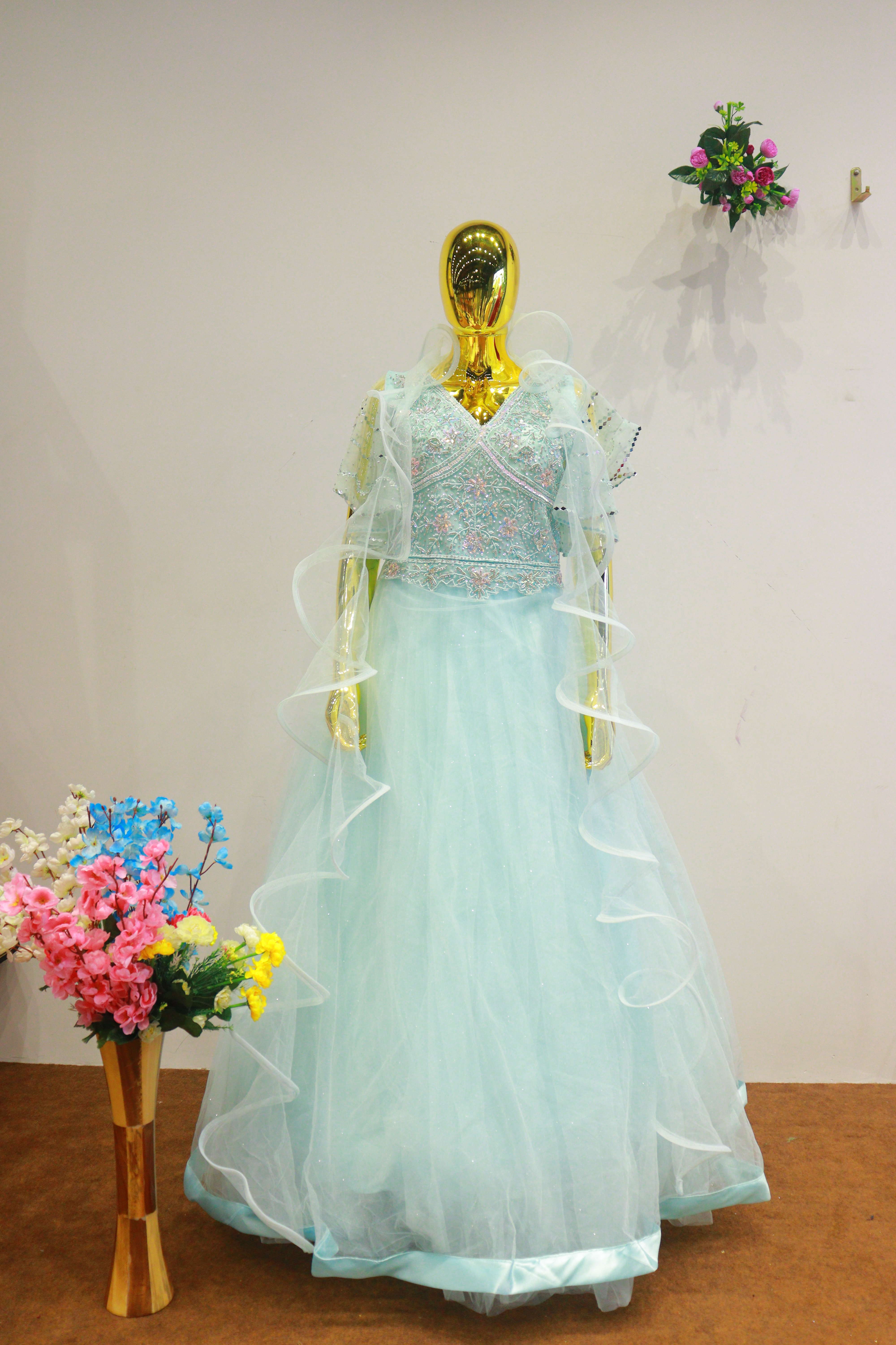 Sky Blue Net Gown With Moti Hand Work