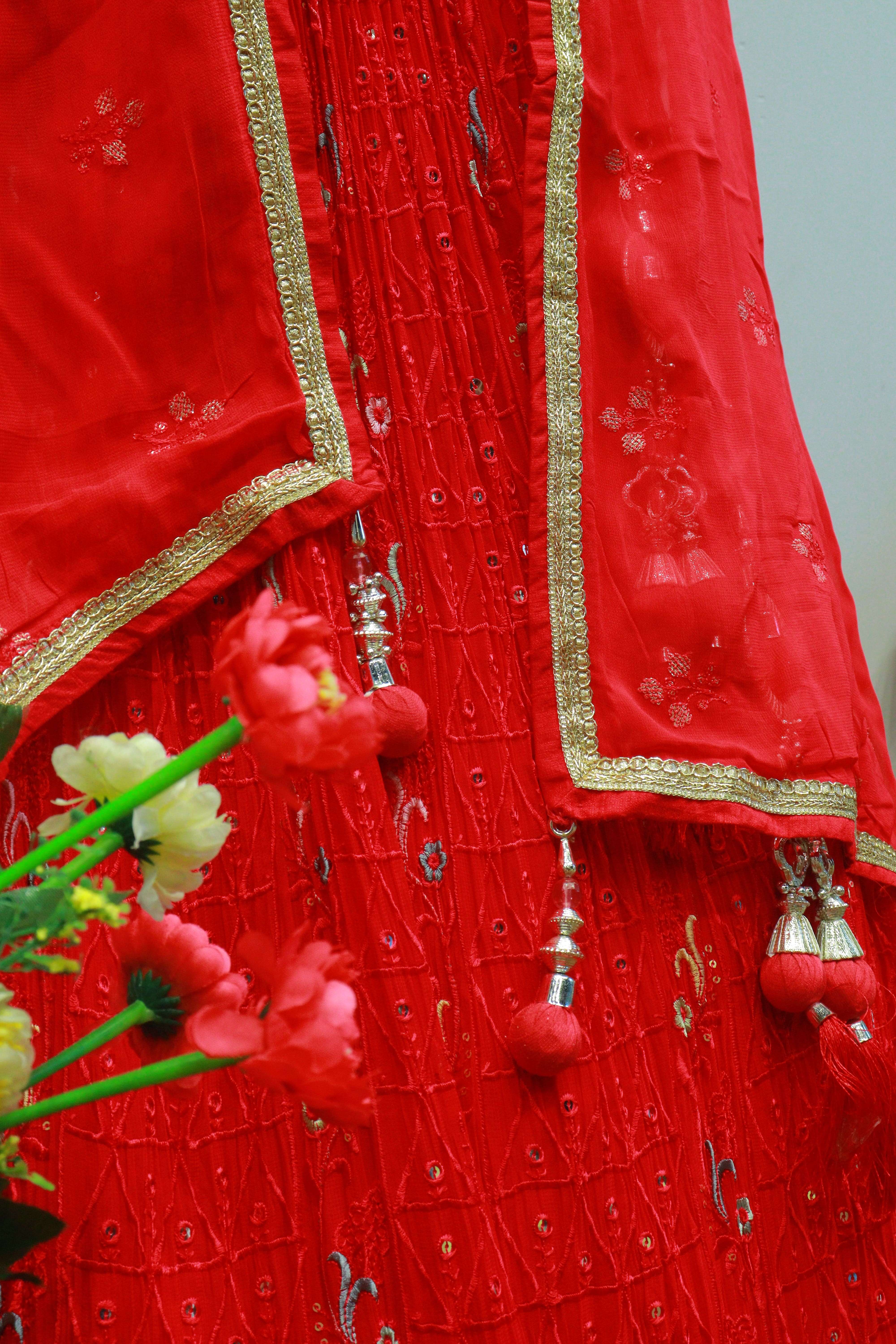 Cherry Red Crush Georgette Crop-Top With Hand Work Blouse